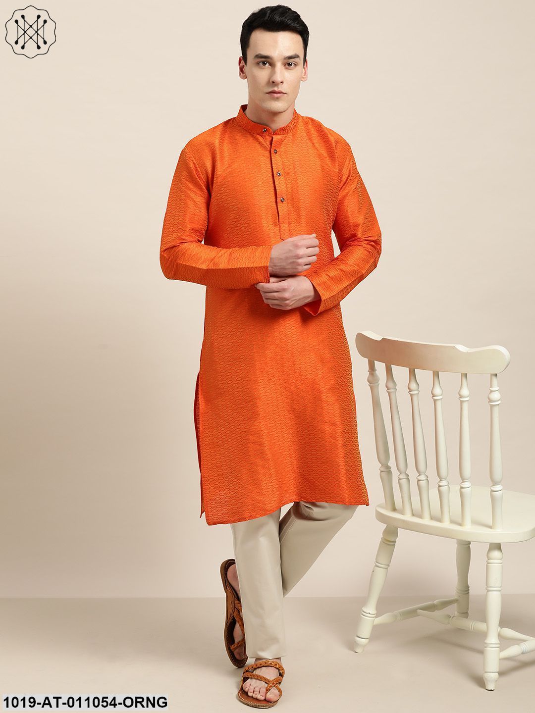 Men's Silk Blend Orange Self Design Only Kurta