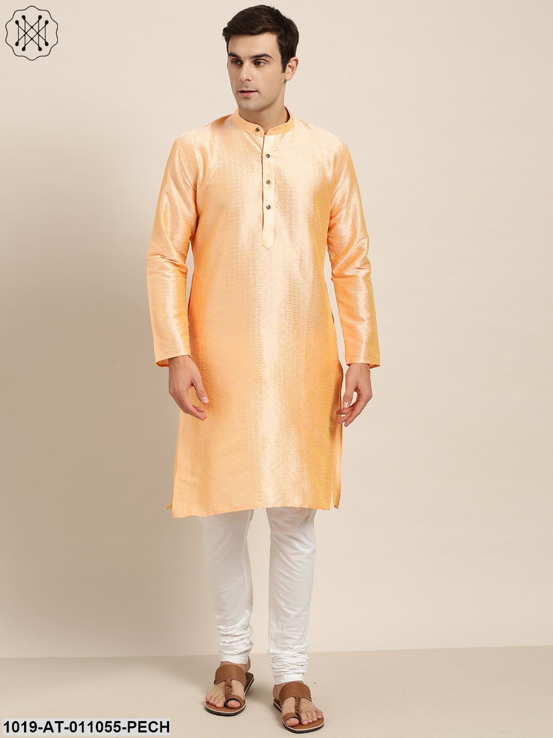 Men's Silk Blend Peach Self Design Only Kurta