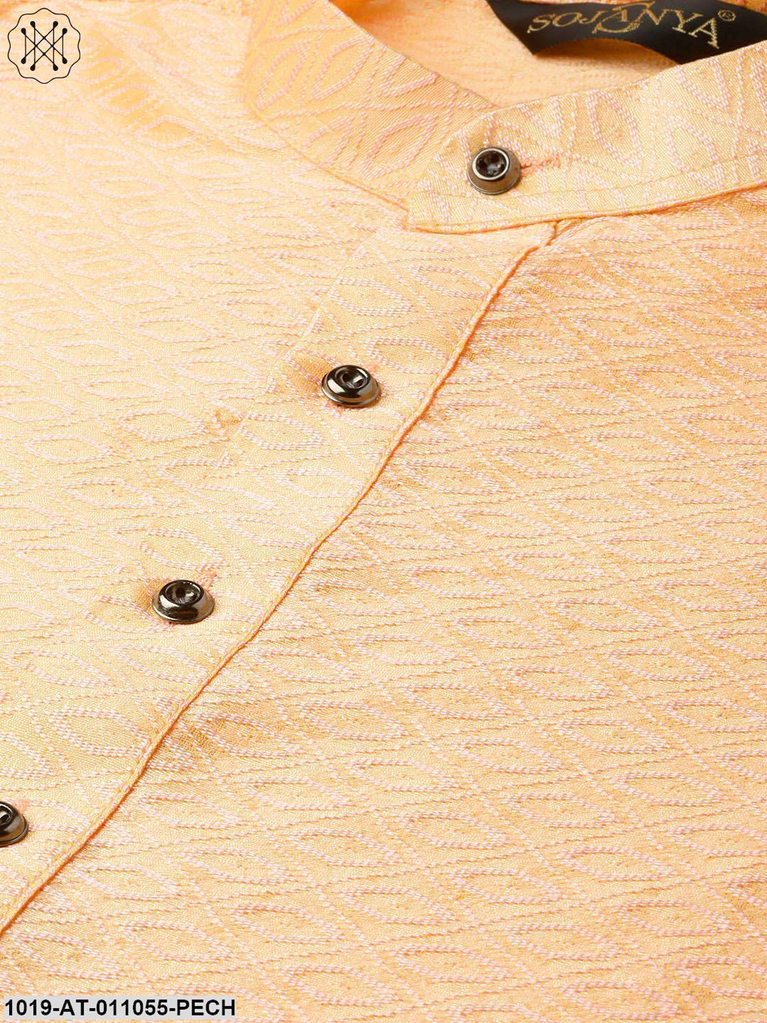 Men's Silk Blend Peach Self Design Only Kurta