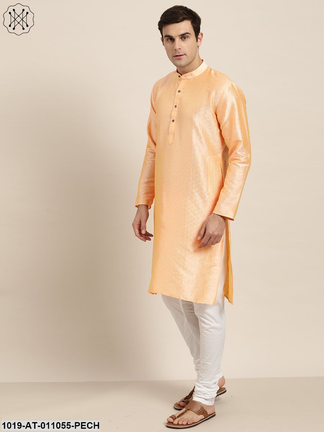 Men's Silk Blend Peach Self Design Only Kurta