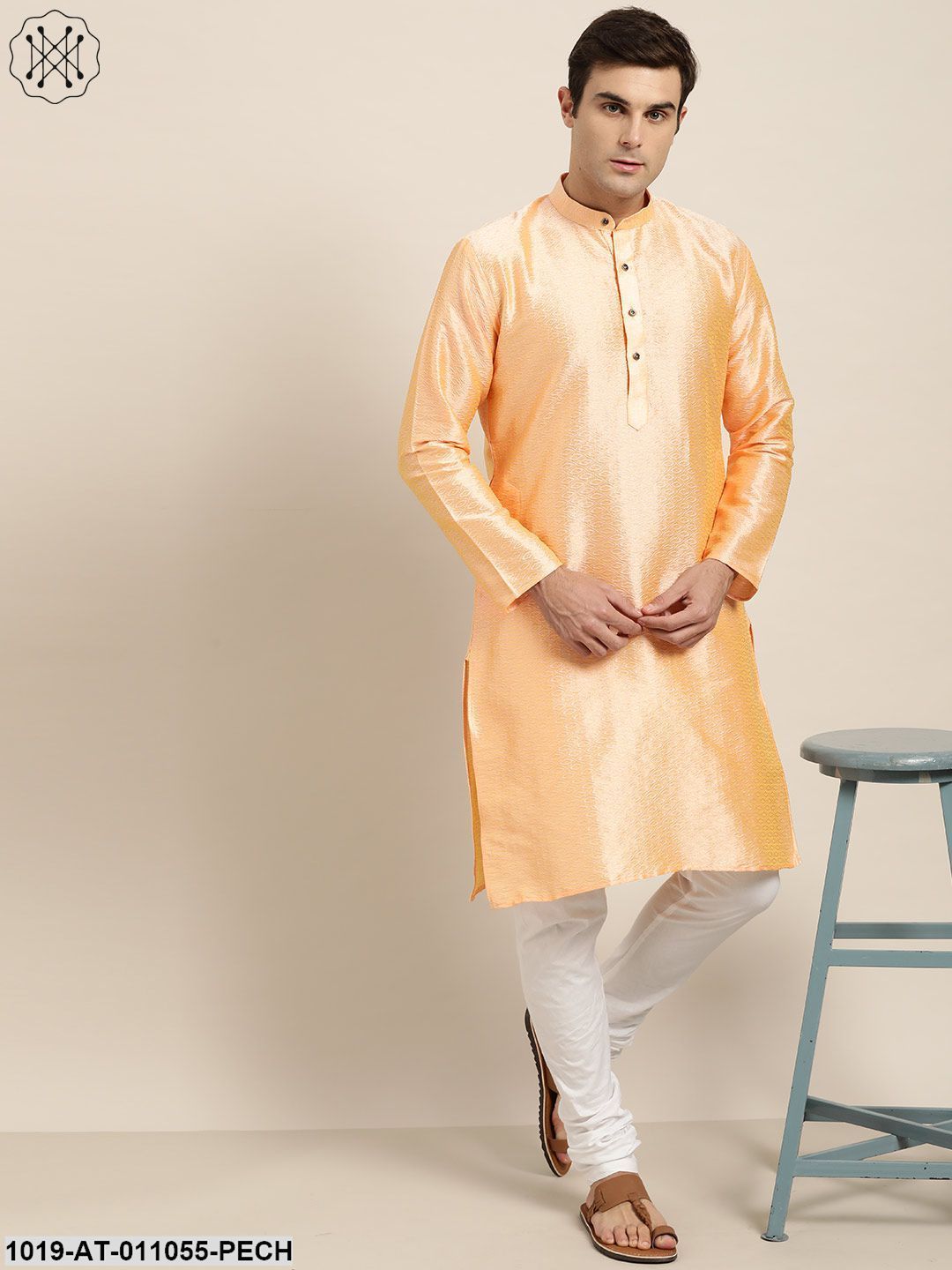 Men's Silk Blend Peach Self Design Only Kurta