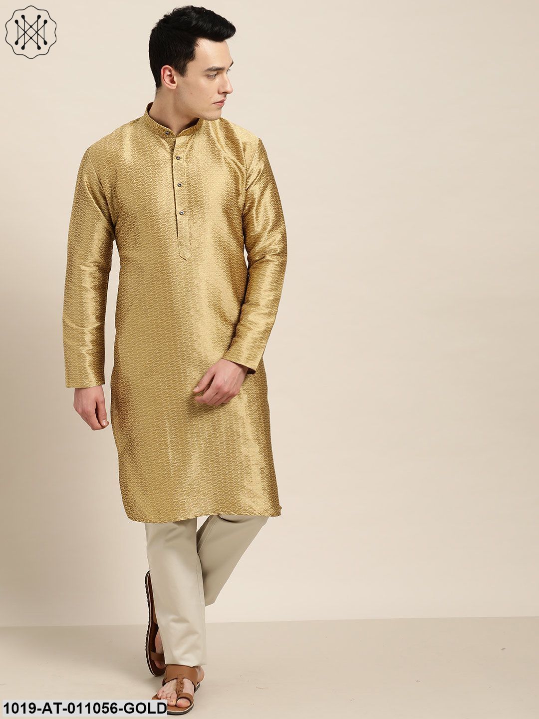 Men's Silk Blend Gold Self Design Only Kurta