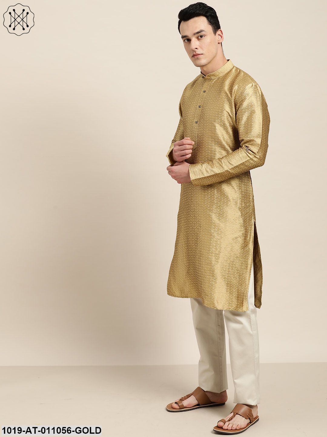 Men's Silk Blend Gold Self Design Only Kurta