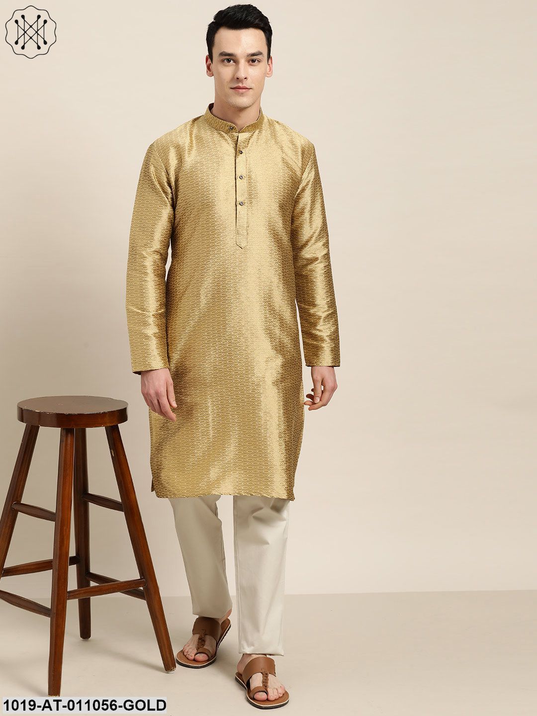 Men's Silk Blend Gold Self Design Only Kurta