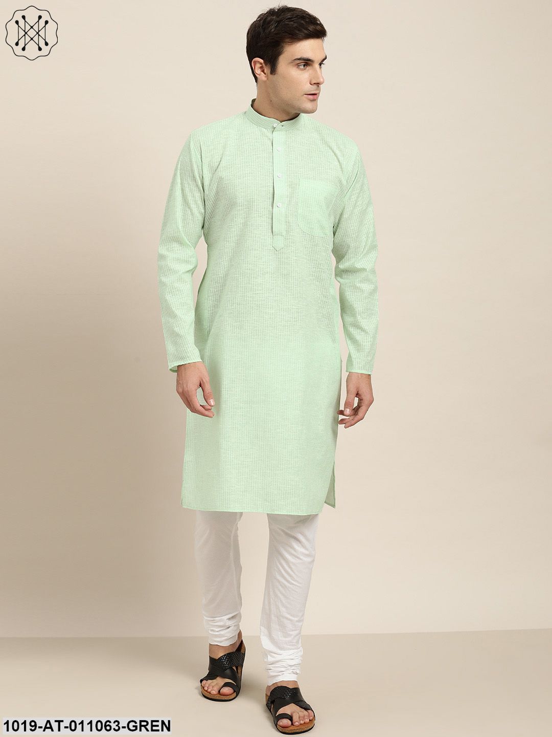 Men's Cotton Green & White Striped Only Kurta