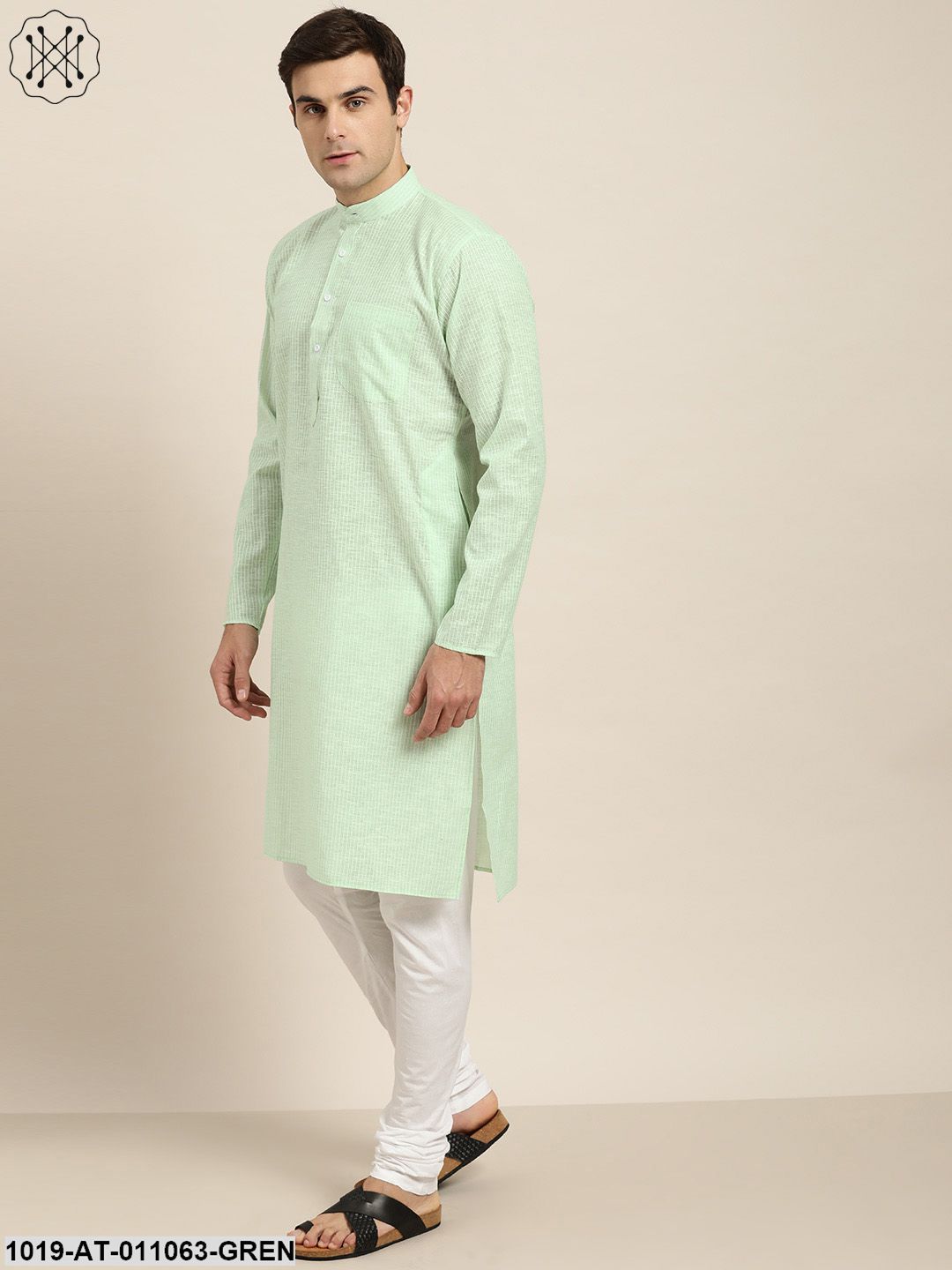 Men's Cotton Green & White Striped Only Kurta
