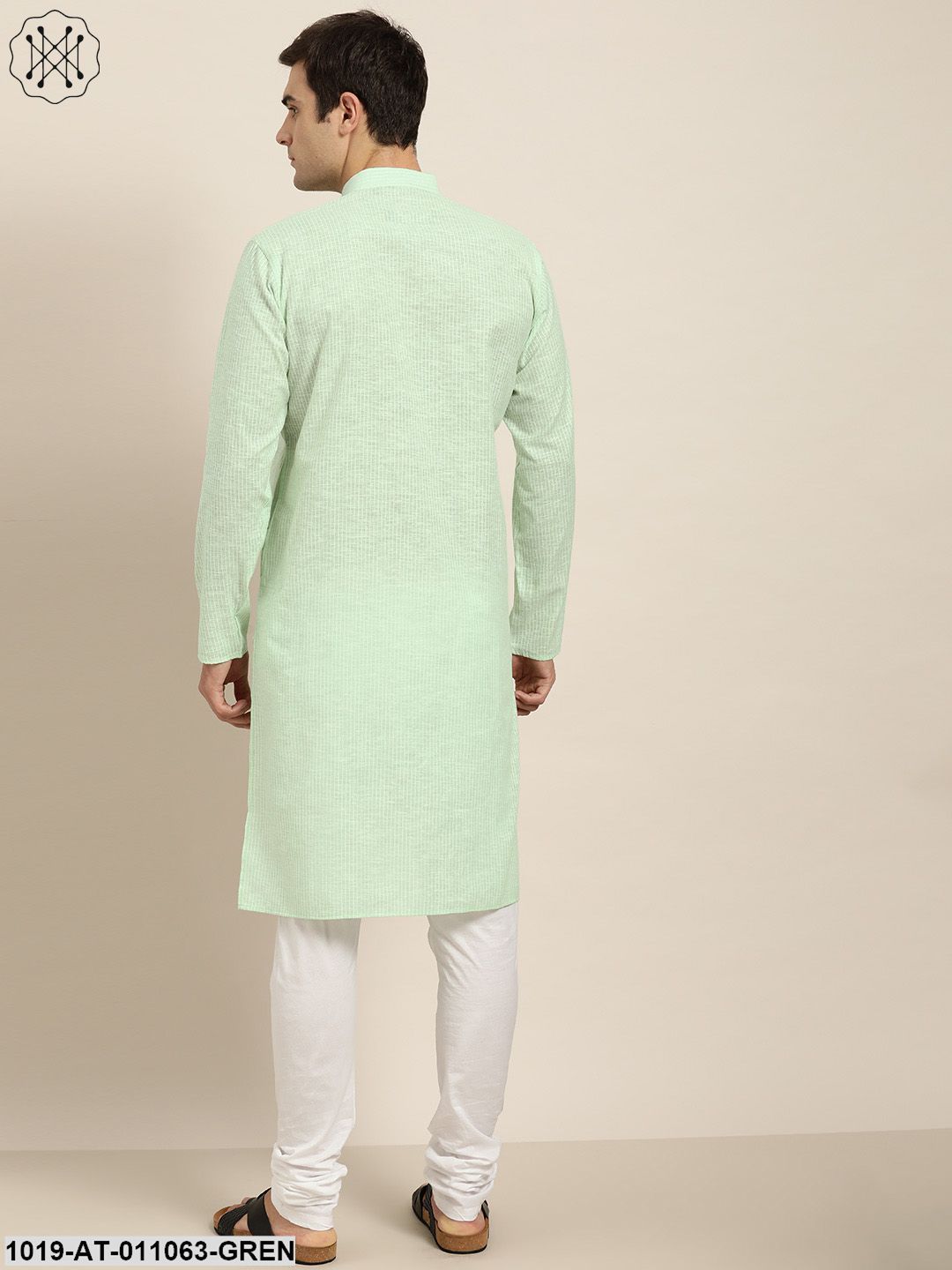 Men's Cotton Green & White Striped Only Kurta