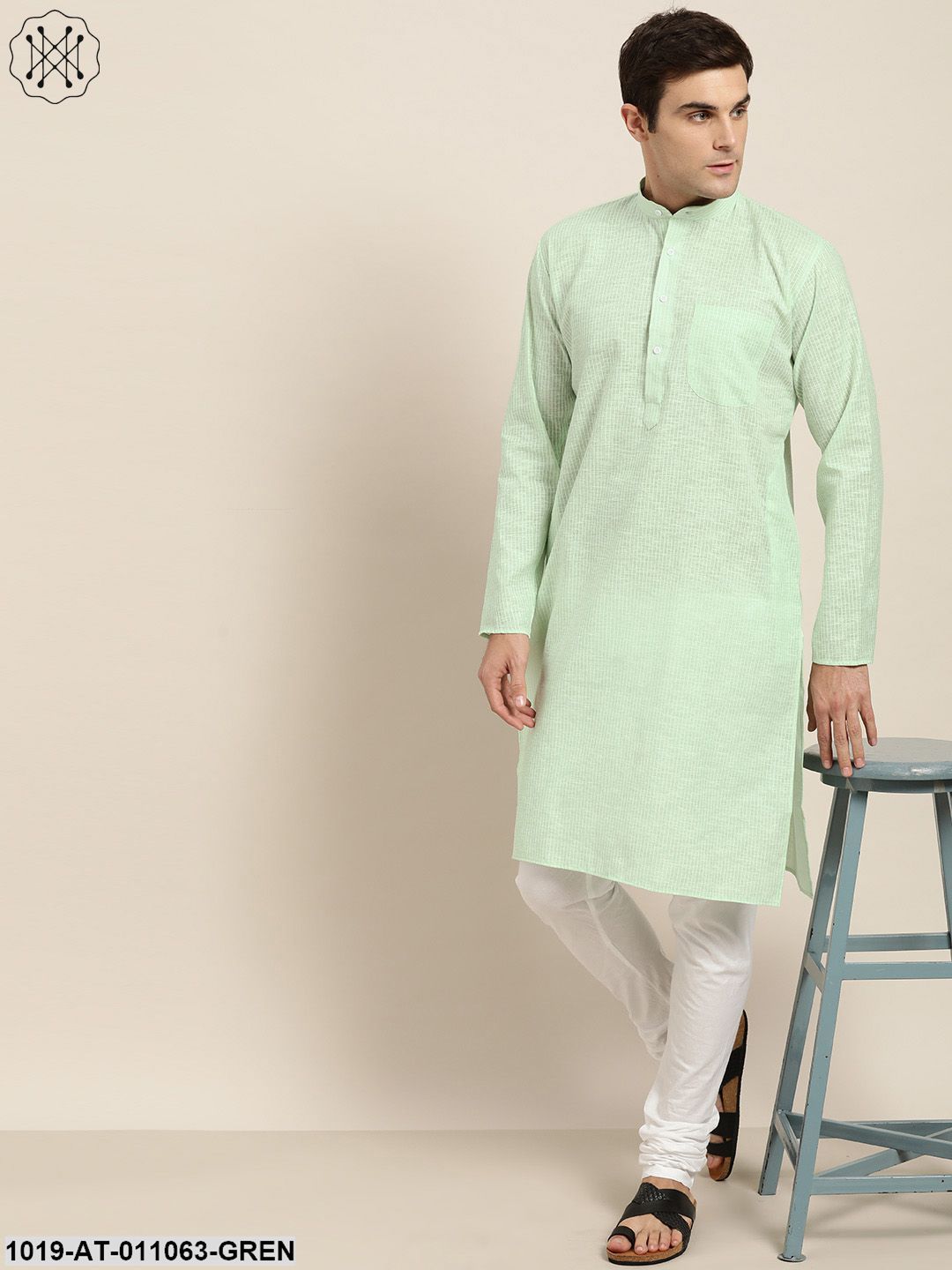 Men's Cotton Green & White Striped Only Kurta