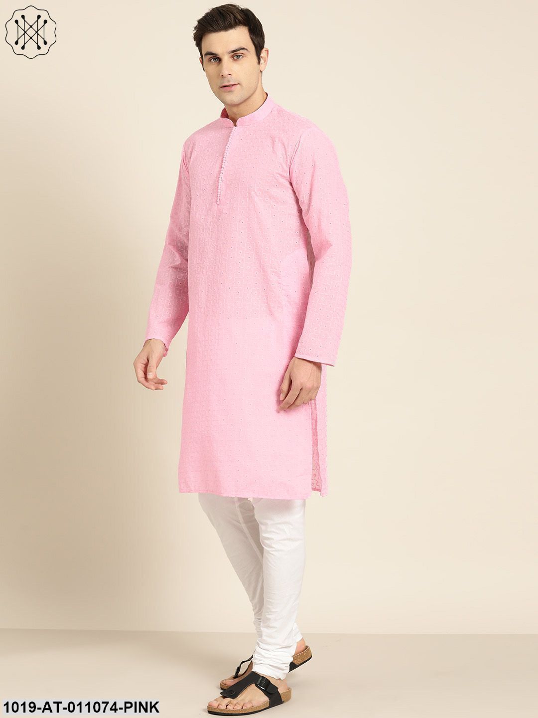 Men's Pure Cotton Pink Embroidered Only Kurta - Sojanya