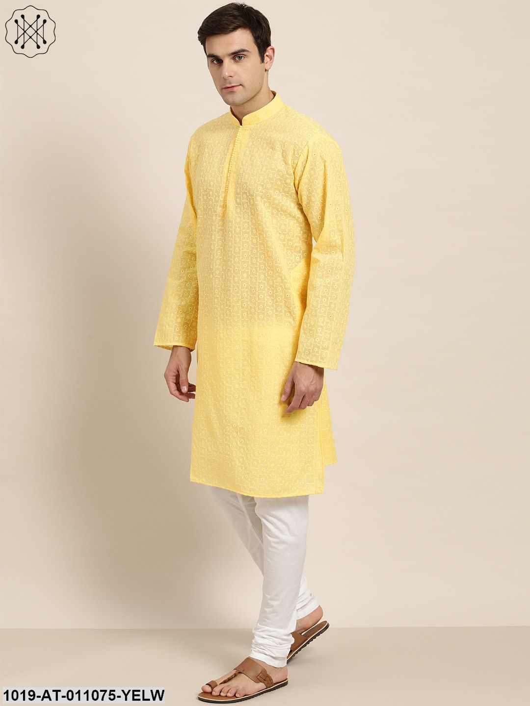 Men's Pure Cotton Yellow Embroidered Only Kurta - Sojanya