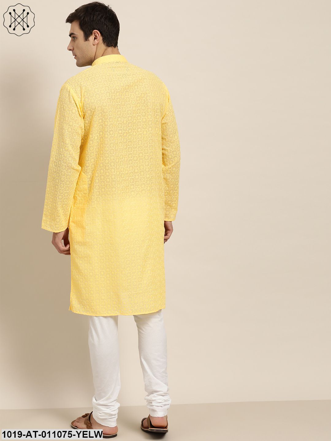 Men's Pure Cotton Yellow Embroidered Only Kurta - Sojanya