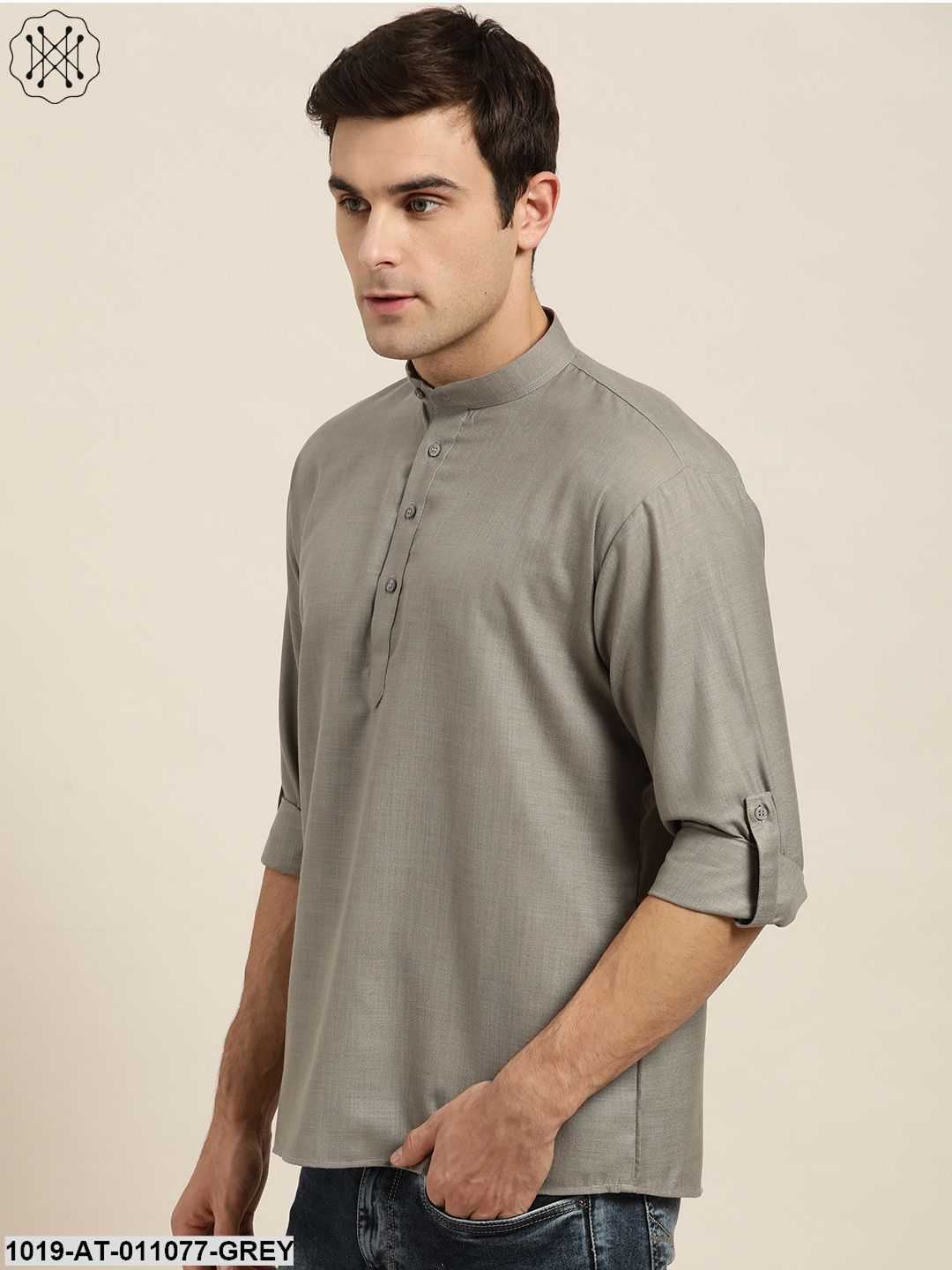 Men's Cotton Grey Solid Short Kurta - Sojanya
