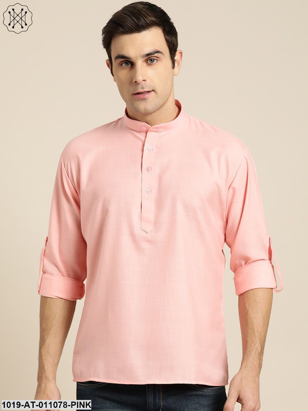 Men's Cotton Pink Solid Short Kurta - Sojanya