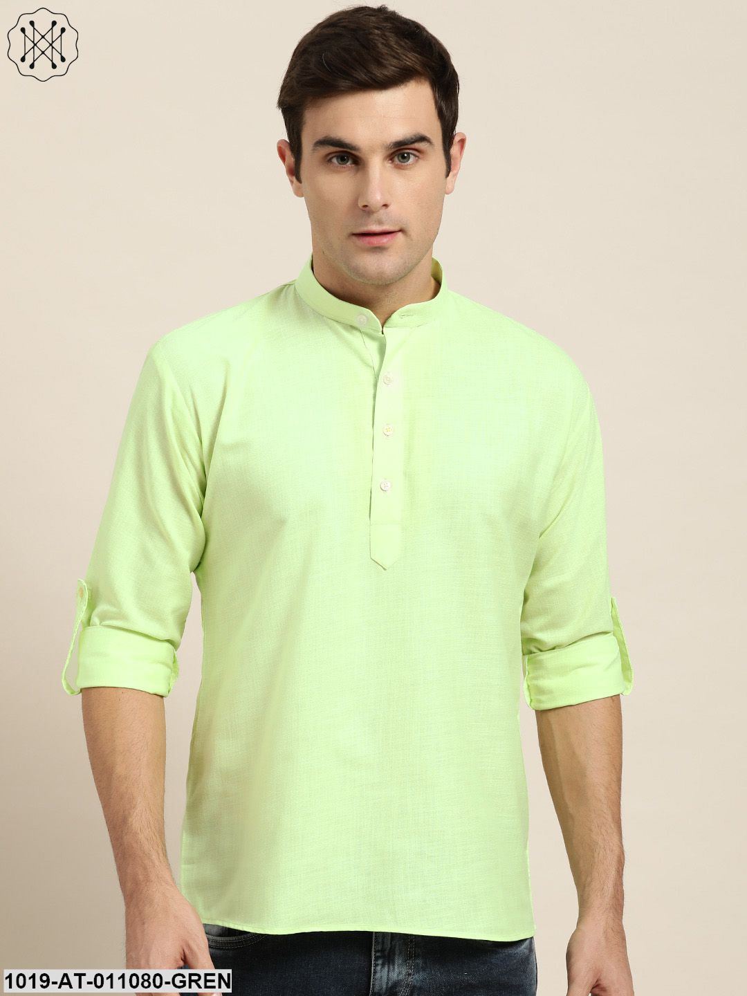 Men's Cotton Green Solid Short Kurta - Sojanya