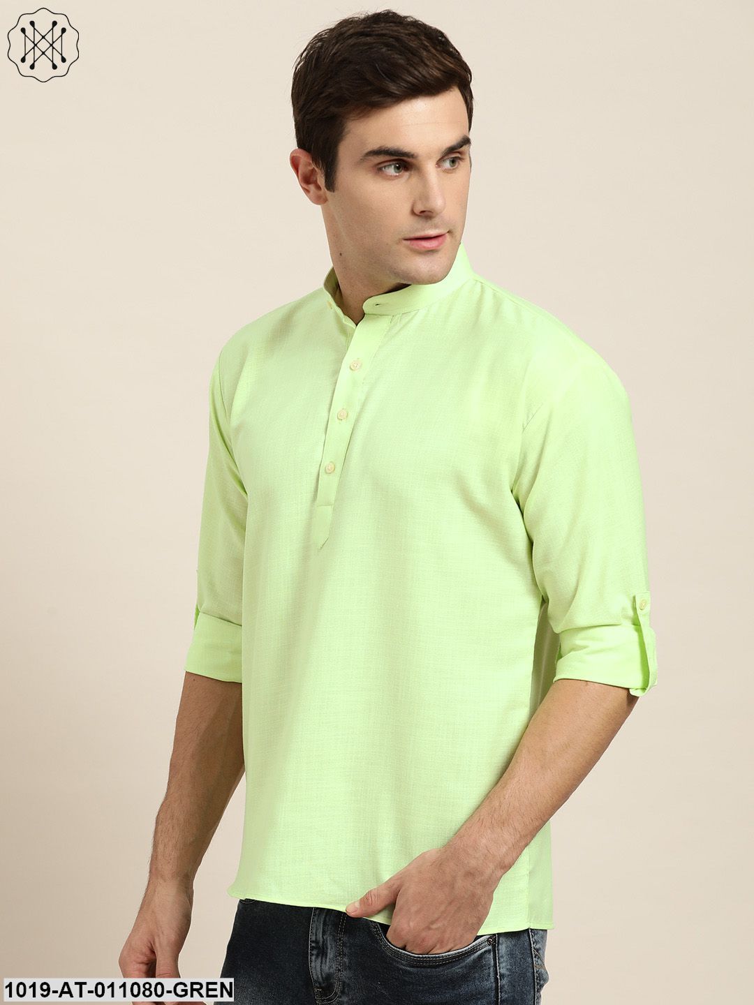 Men's Cotton Green Solid Short Kurta - Sojanya