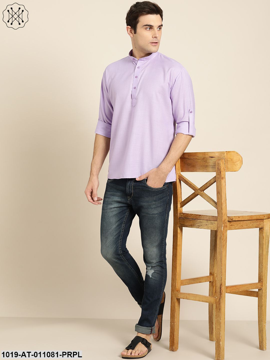 Men's Cotton Purple Solid Short Kurta - Sojanya