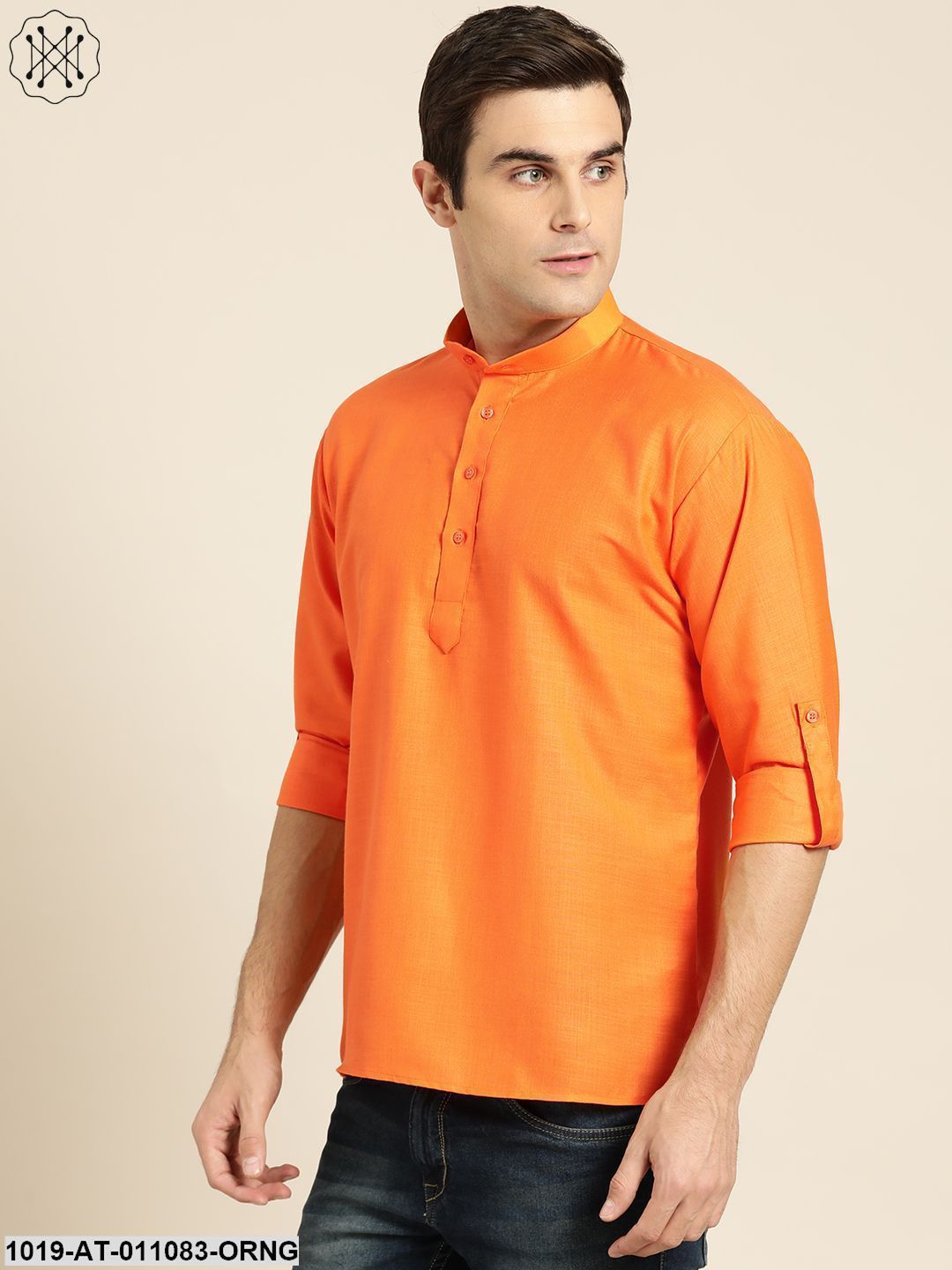 Men's Cotton Orange Solid Short Kurta - Sojanya