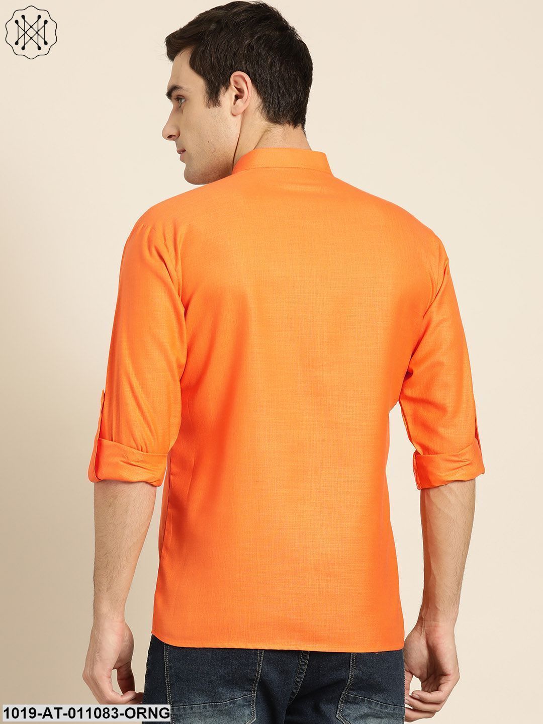 Men's Cotton Orange Solid Short Kurta - Sojanya