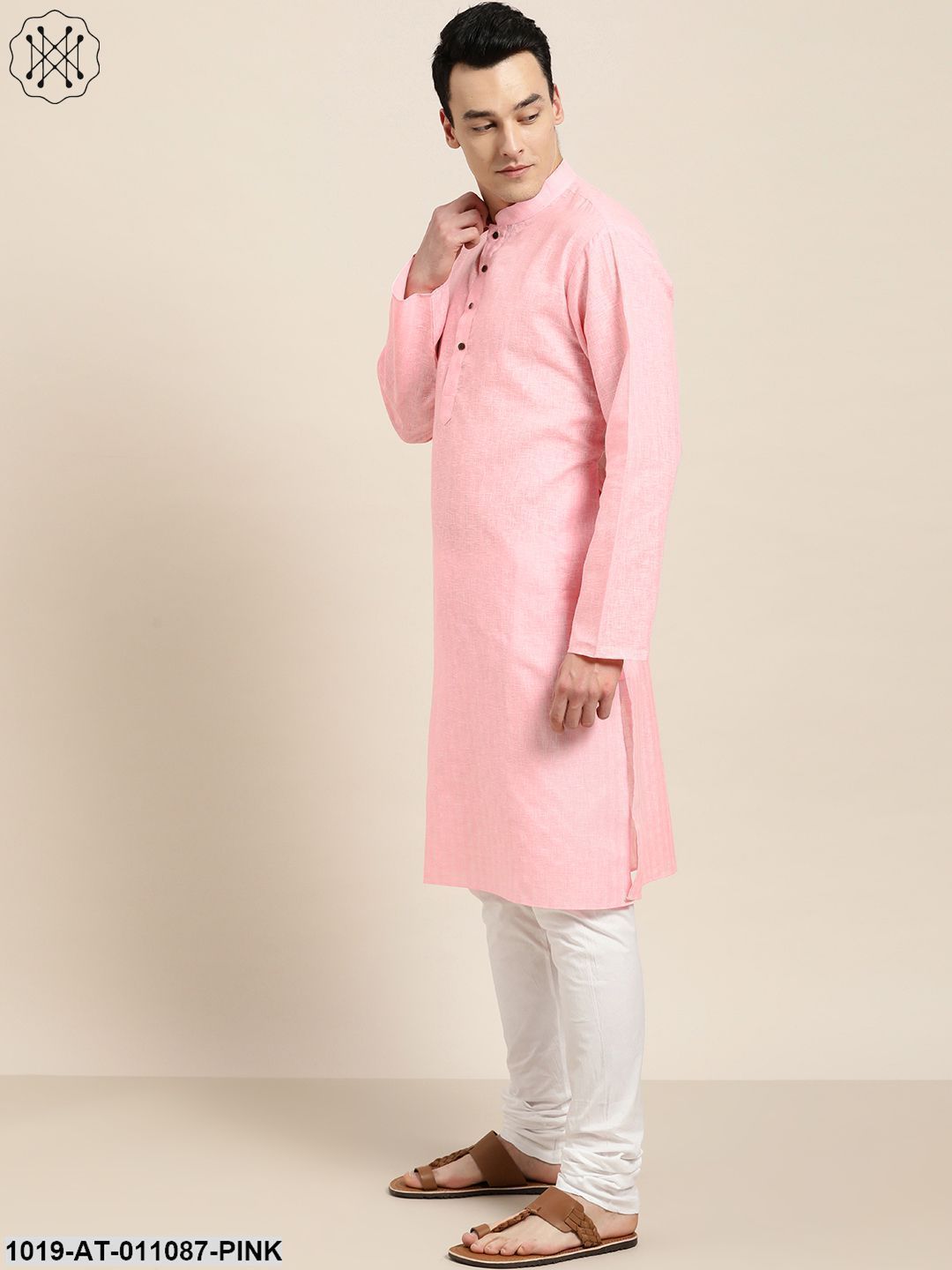 Men's Cotton Blend Pink Woven Design Only Long Kurta - Sojanya