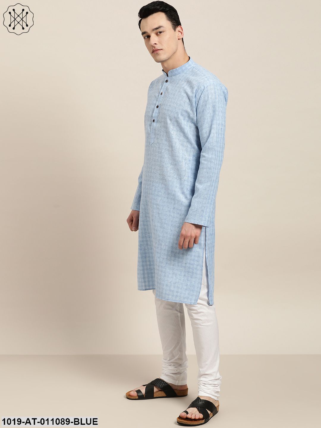 Men's Cotton Blend Blue Woven Design Only Long Kurta - Sojanya