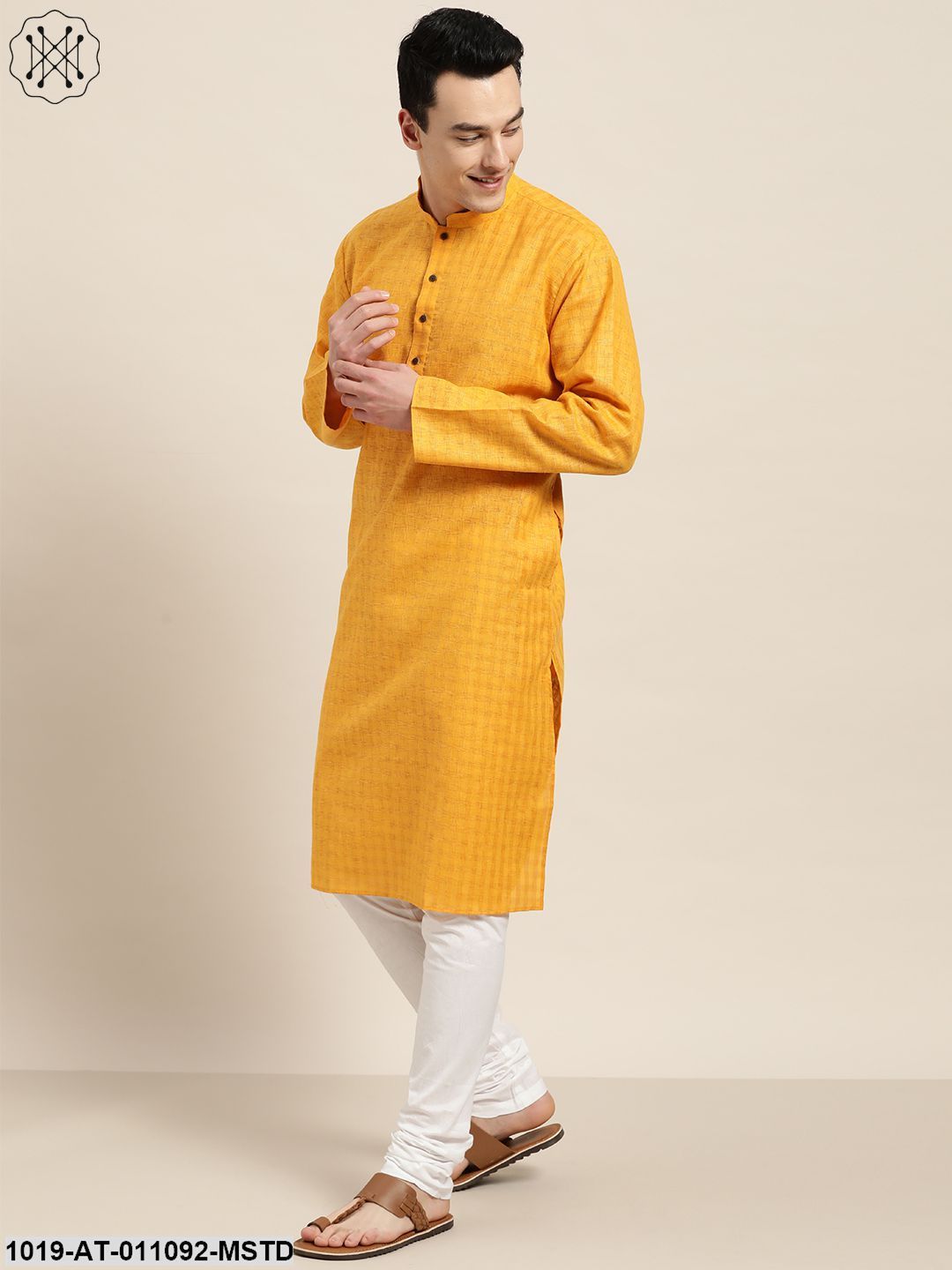 Men's Cotton Blend Mustard Woven Design Only Long Kurta - Sojanya