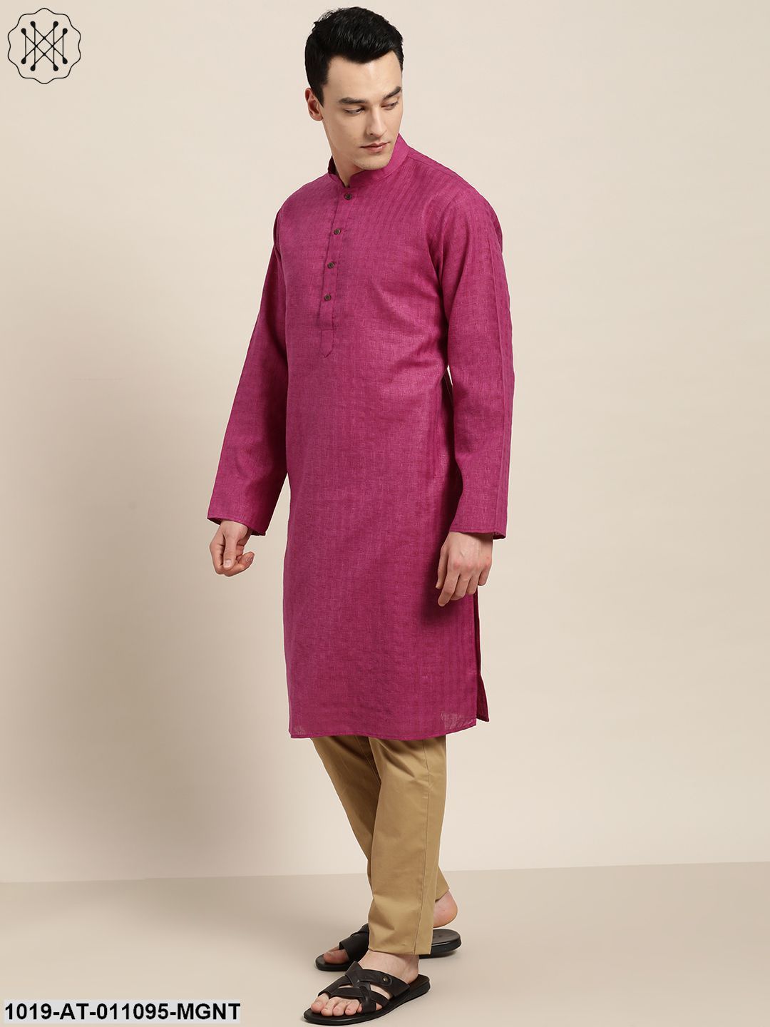 Men's Cotton Blend Magenta Woven Design Only Long Kurta - Sojanya