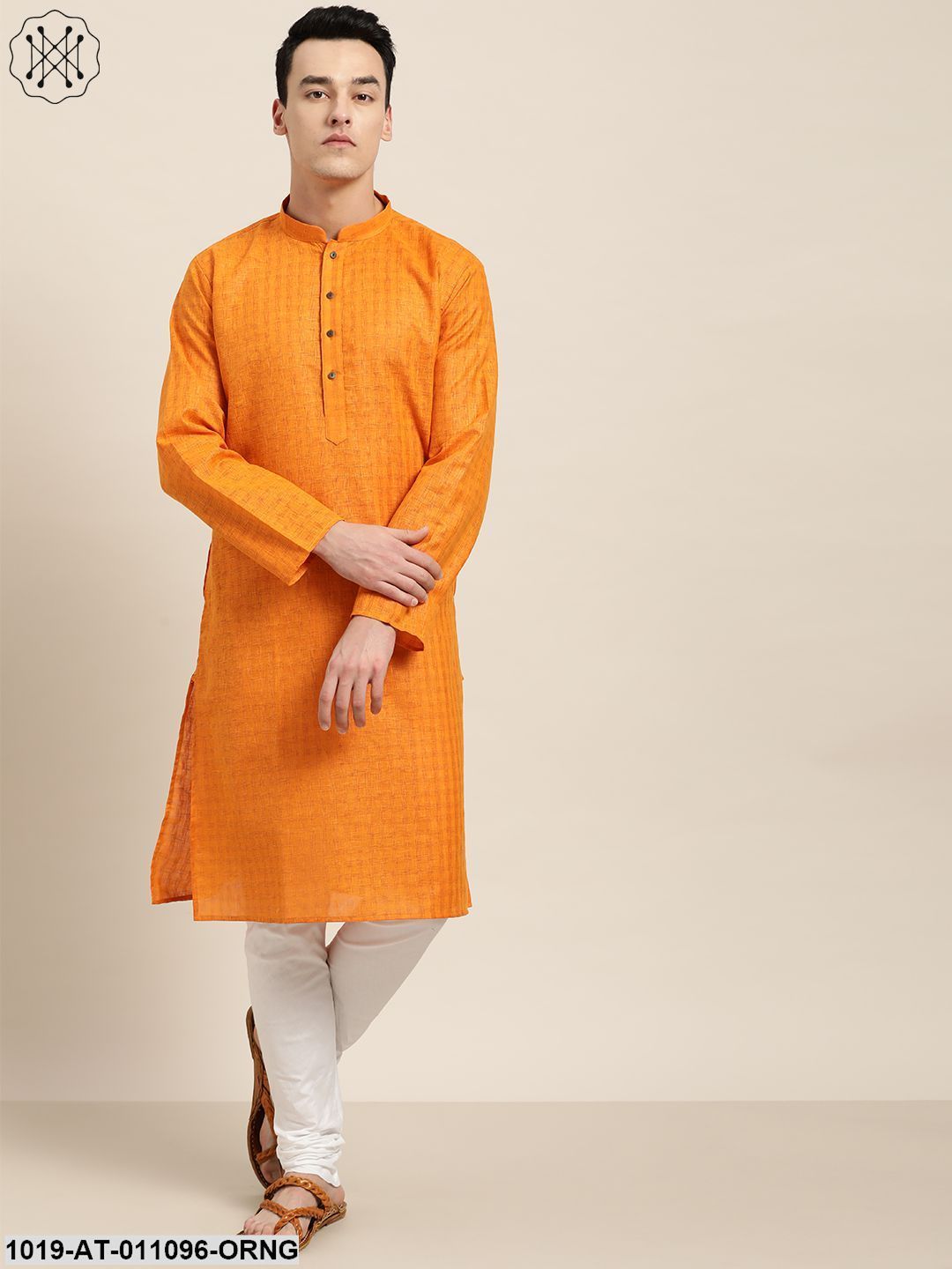 Men's Cotton Blend Orange Woven Design Only Long Kurta - Sojanya