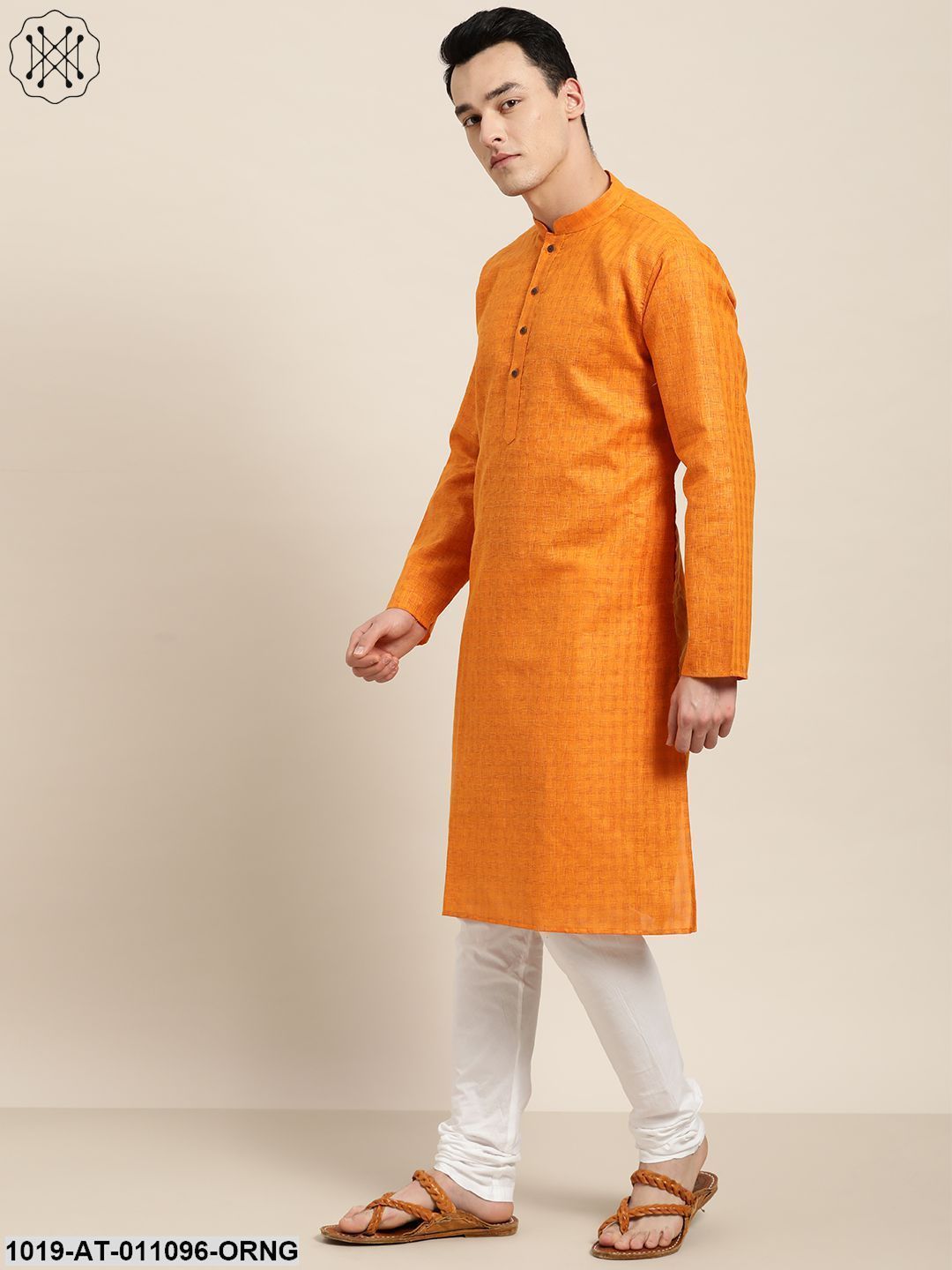 Men's Cotton Blend Orange Woven Design Only Long Kurta - Sojanya