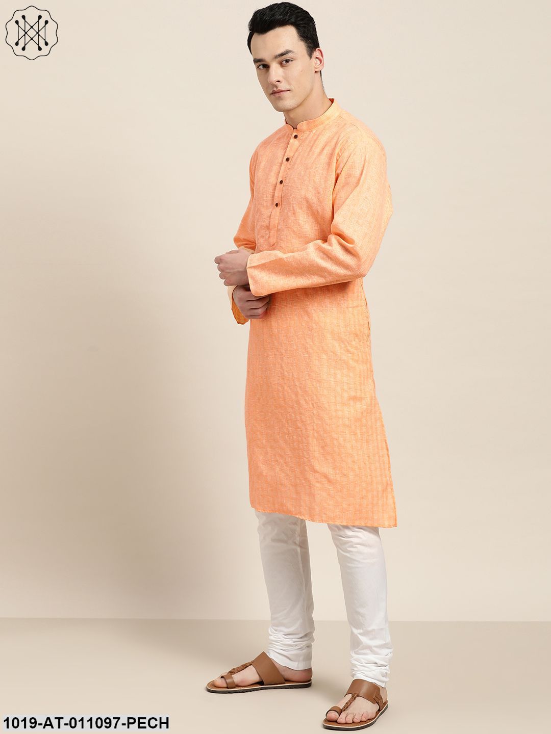 Men's Cotton Blend Peach Woven Design Only Long Kurta - Sojanya