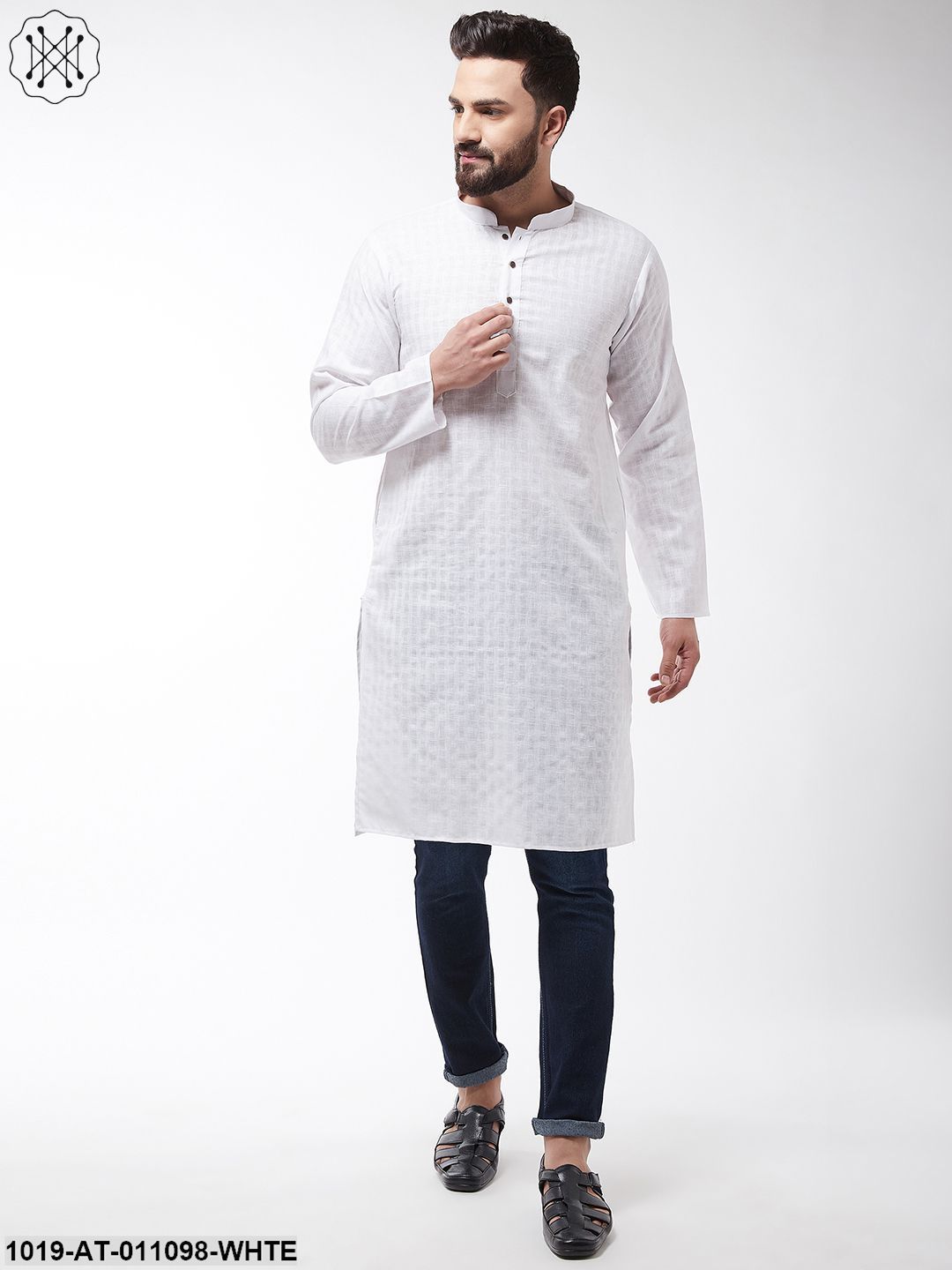 Men's Cotton Blend White Woven Design Only Long Kurta - Sojanya