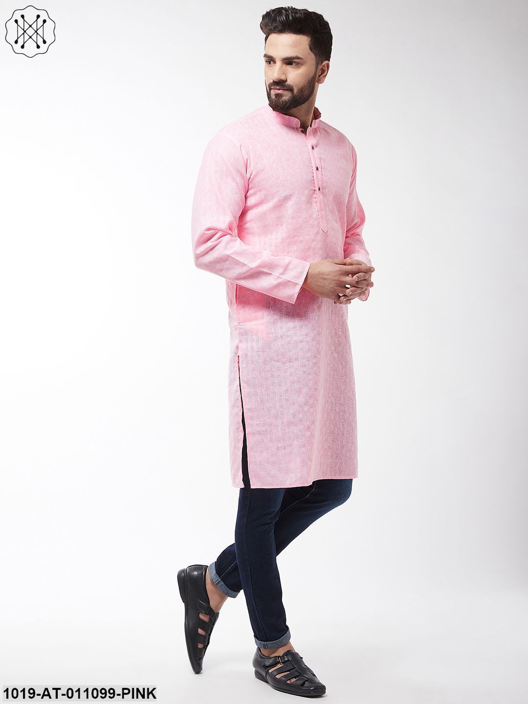 Men's Cotton Blend Pink Woven Design Only Long Kurta - Sojanya