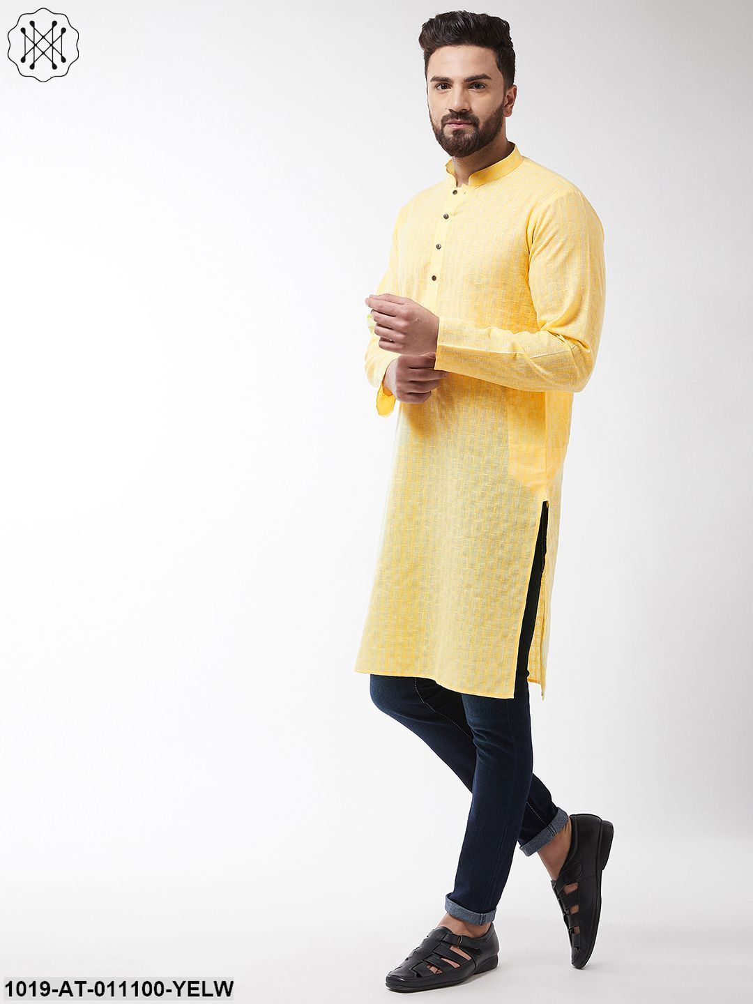 Men's Cotton Blend Yellow Woven Design Only Long Kurta - Sojanya
