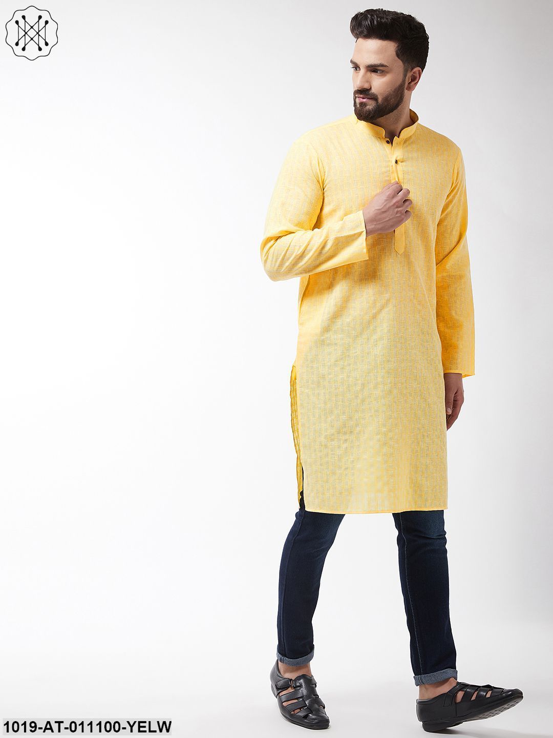 Men's Cotton Blend Yellow Woven Design Only Long Kurta - Sojanya