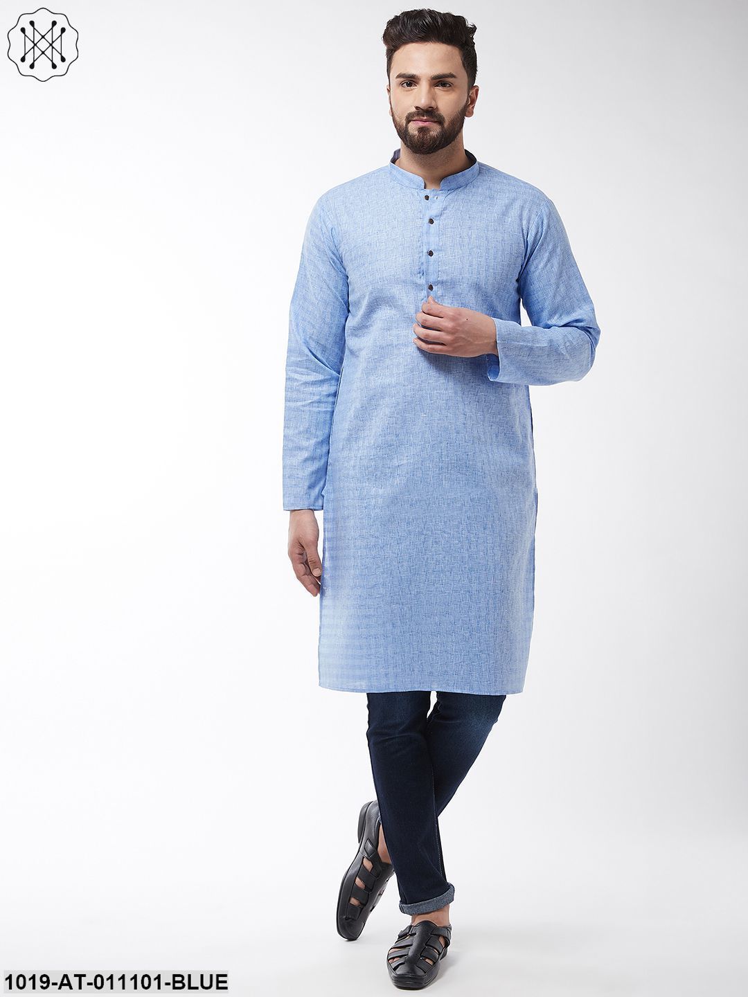 Men's Cotton Blend Blue Woven Design Only Long Kurta - Sojanya