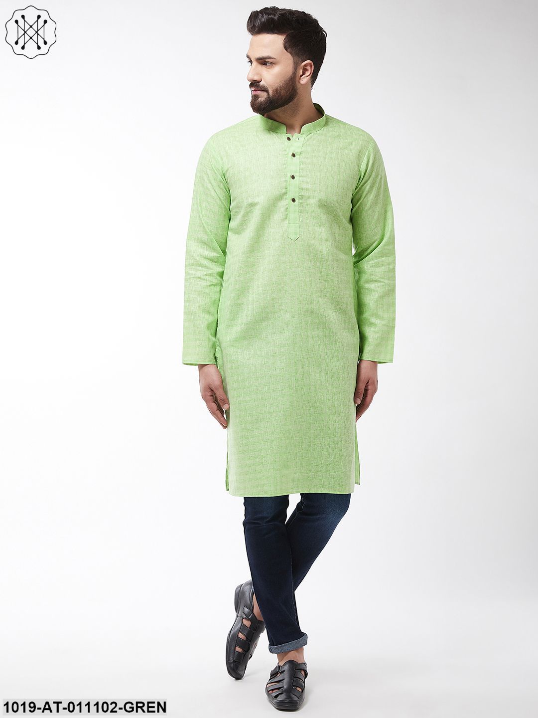 Men's Cotton Blend Green Woven Design Only Long Kurta - Sojanya