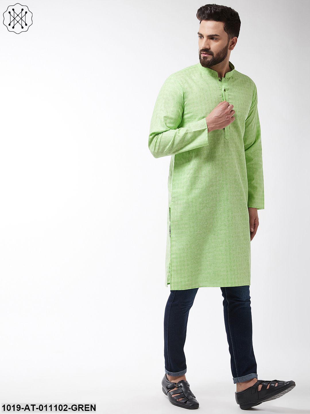Men's Cotton Blend Green Woven Design Only Long Kurta - Sojanya