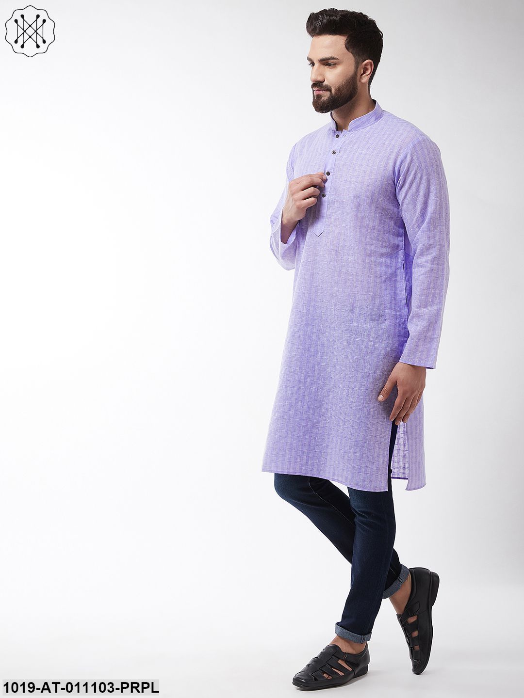 Men's Cotton Blend Purple Woven Design Only Long Kurta - Sojanya
