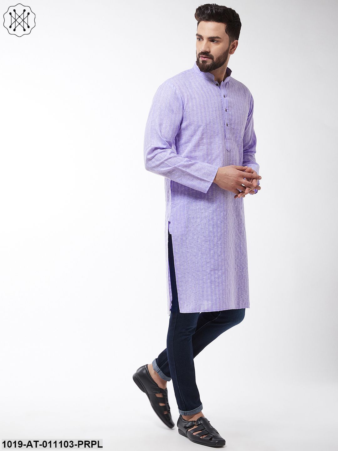 Men's Cotton Blend Purple Woven Design Only Long Kurta - Sojanya