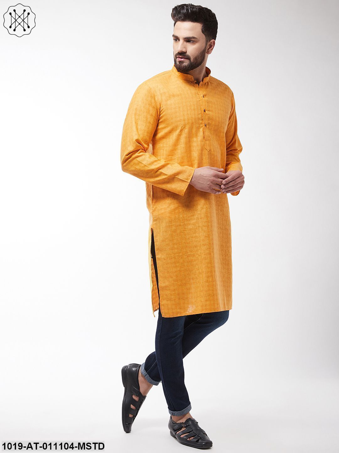 Men's Cotton Blend Mustard Woven Design Only Long Kurta - Sojanya