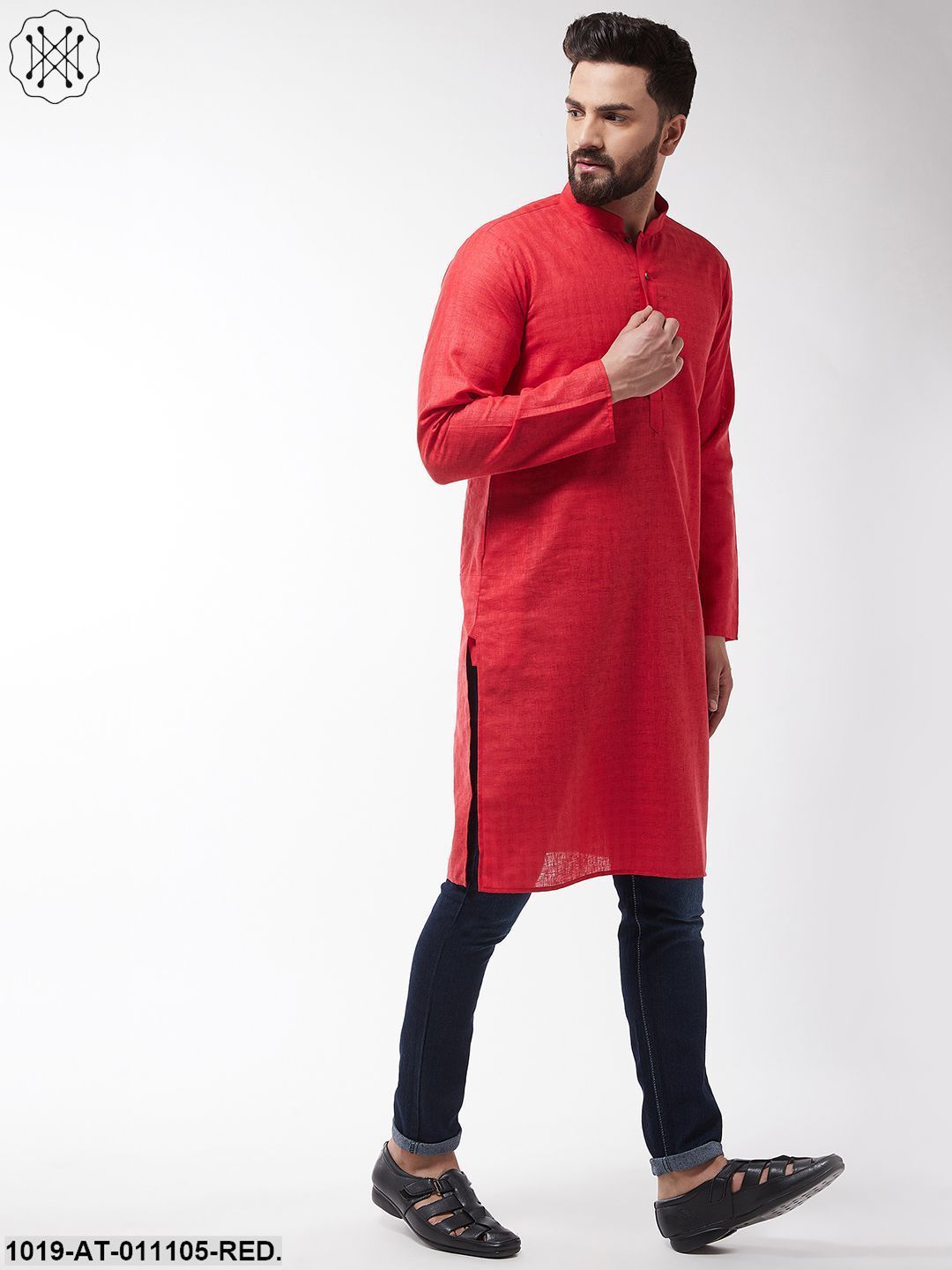 Men's Cotton Blend Red Woven Design Only Long Kurta - Sojanya