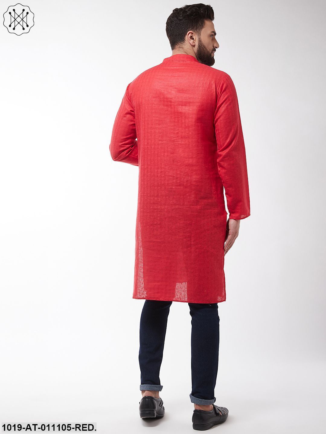 Men's Cotton Blend Red Woven Design Only Long Kurta - Sojanya