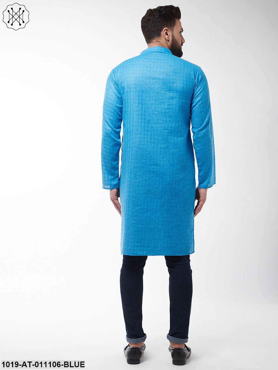 Men's Cotton Blend Peacock Blue Woven Design Only Long Kurta - Sojanya