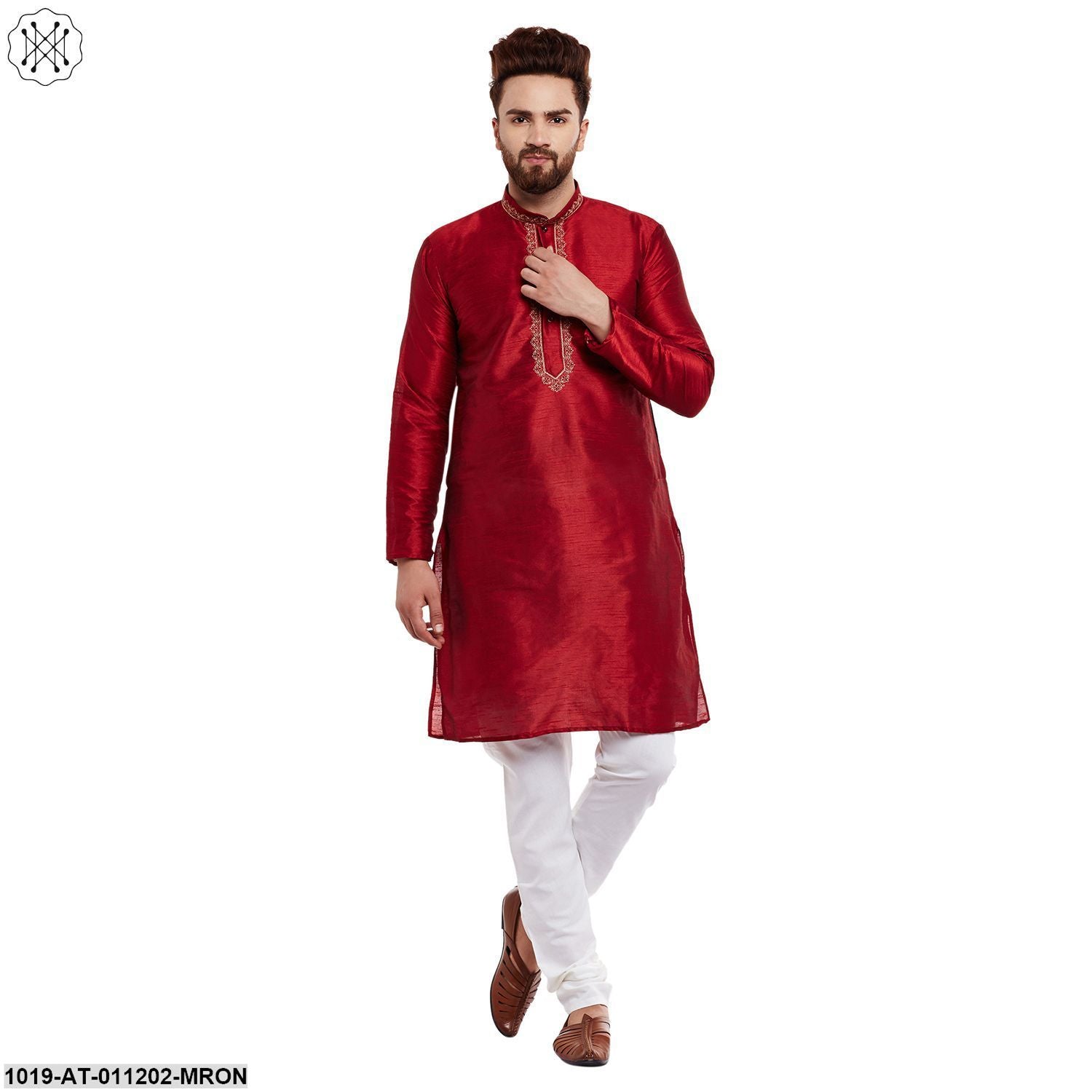Men's Maroon, Dupion Silk Kurta