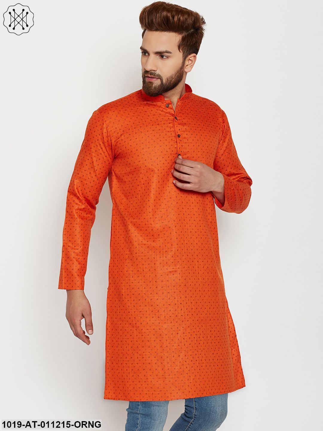 Men's Orange, Cotton Linen Blend Kurta