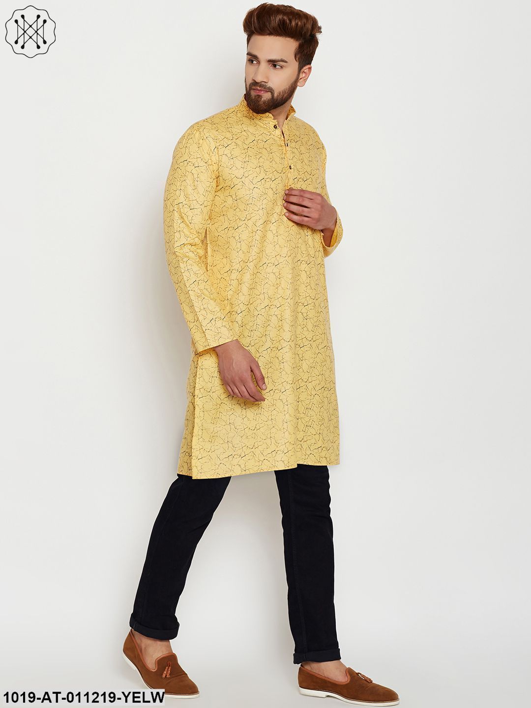 Men's Yellow, Cotton Linen Blend Kurta