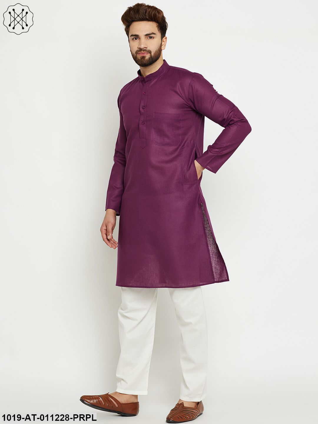 Men's Cotton Linen Purple Long Kurta - Sojanya