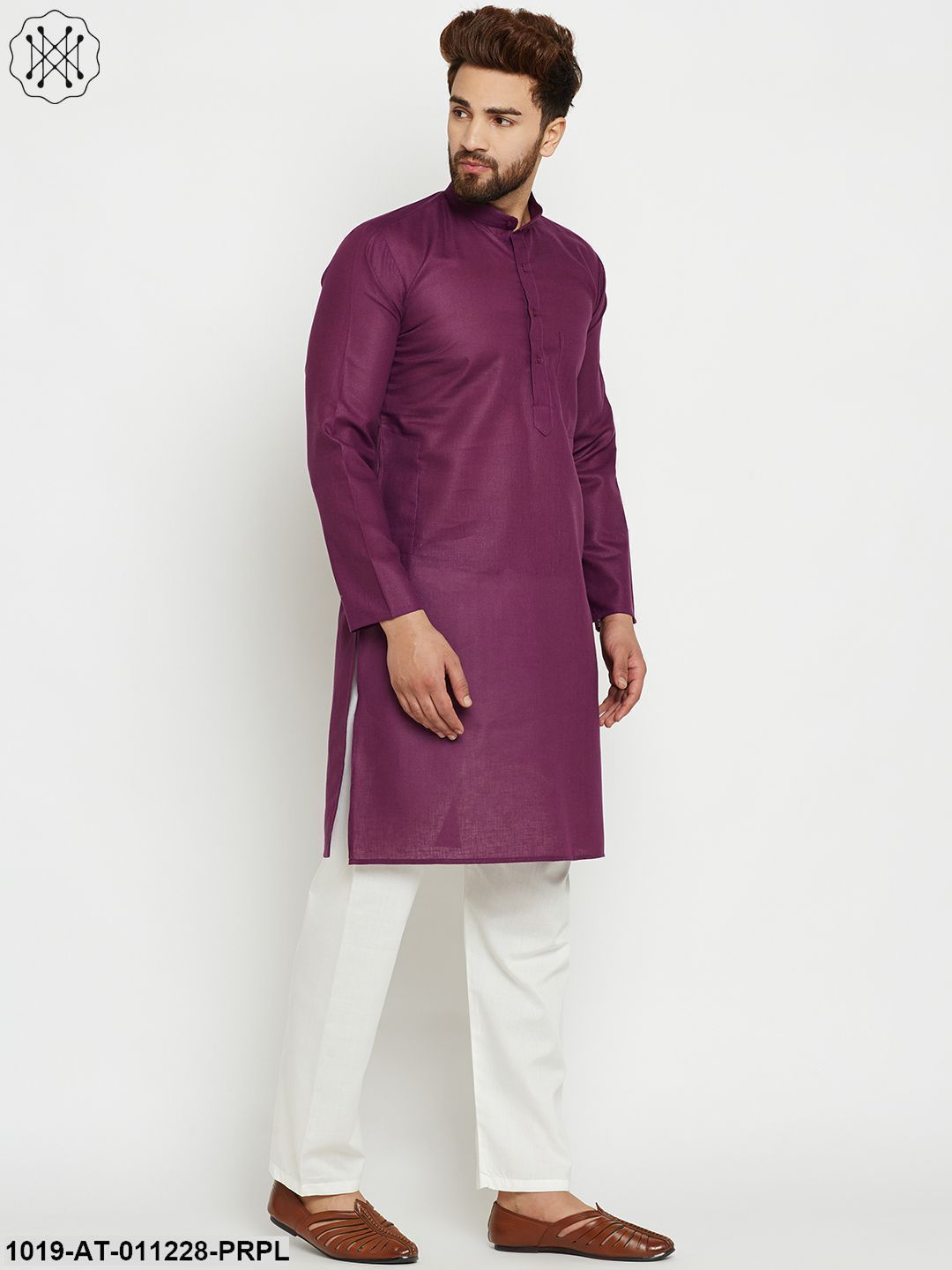 Men's Cotton Linen Purple Long Kurta - Sojanya