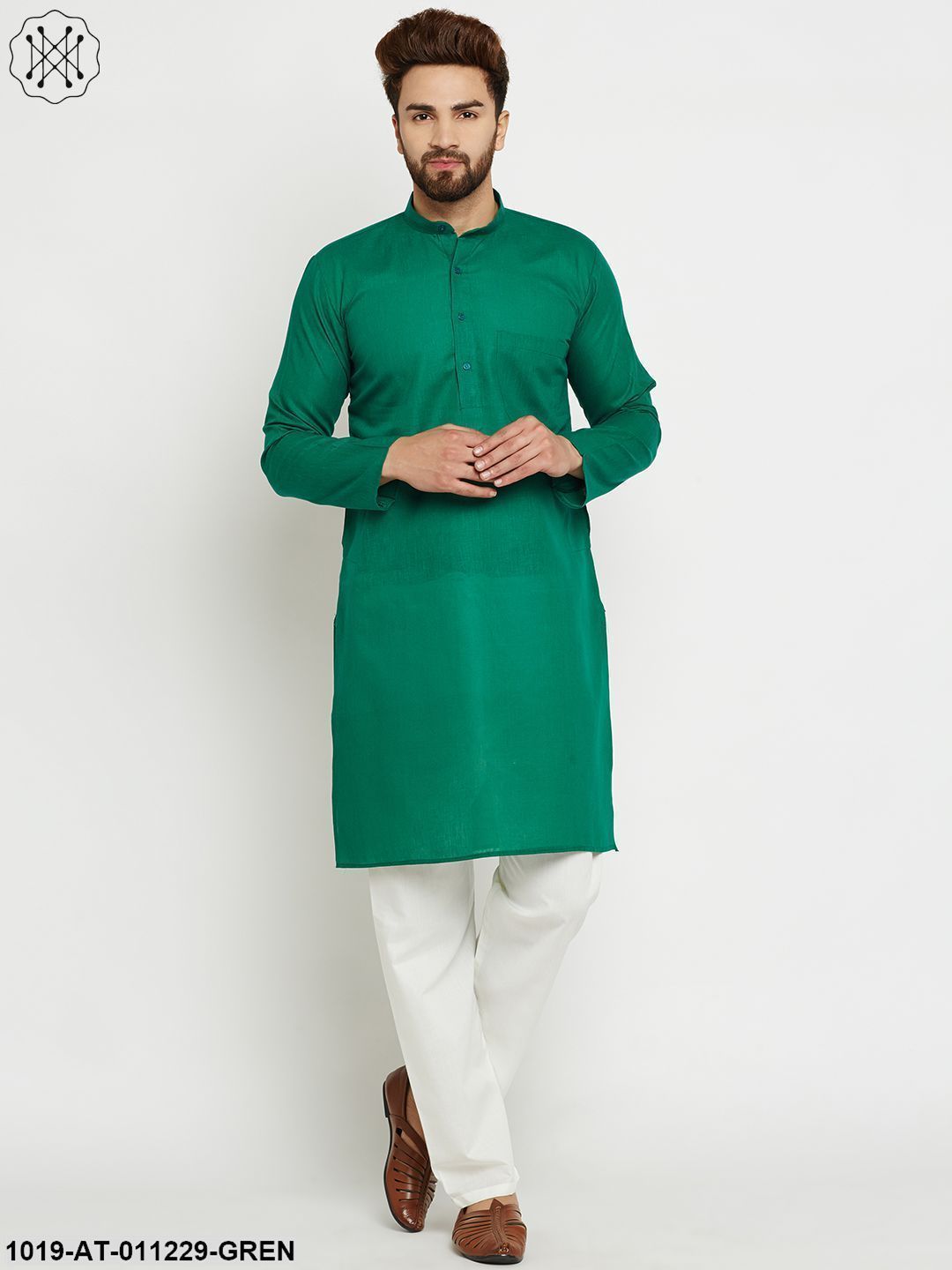 Men's Cotton Linen Dark Green Long Kurta - Sojanya