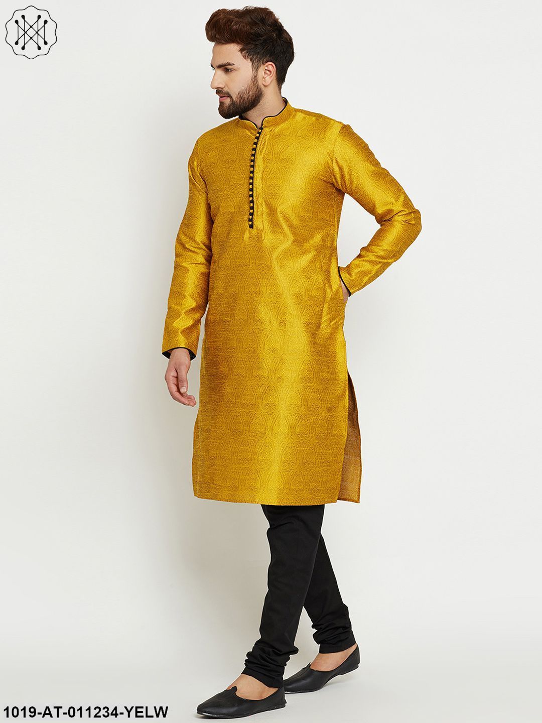 Men's Dupion Silk Gold Yellow Long Kurta