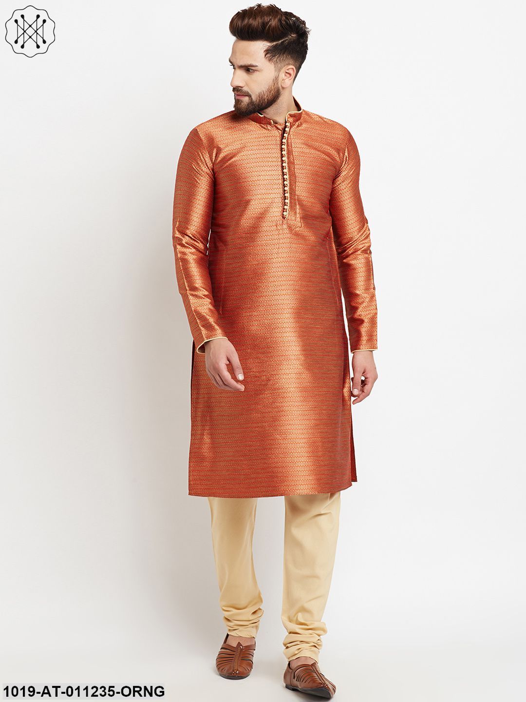 Men's Jacquard Silk Rust Orange Long Kurta